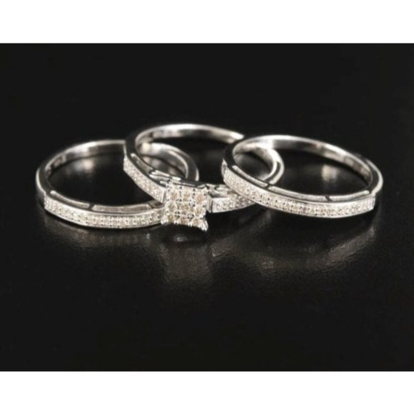 Vintage Diamond Wedding Set, Sterling Silver 0.51 CTW, Engagement and 2 Bands